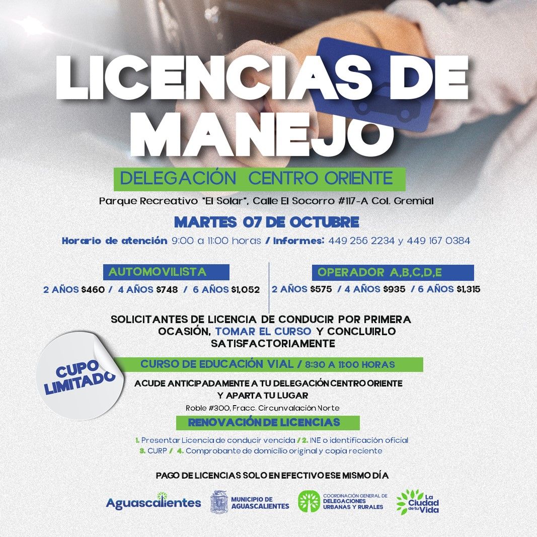 LICENCIAS DE MANEJO CENTRO ORIENTE 1 PROGRAMA DE RENOVACIÓN DE LICENCIAS DE MANEJO BRINDARÁ SERVICIO EN LA COLONIA GREMIAL
