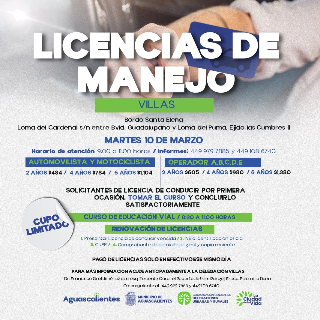 LICENCIAS DE MANEJO VILLAS 1 MUNICIPIO DE AGUASCALIENTES ANUNCIA NUEVA JORNADA DE RENOVACIÓN DE LICENCIAS